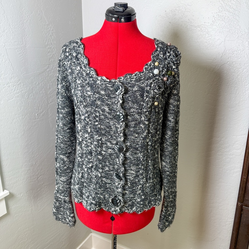 Valentine Mixed Gray Chunky Knit Cardigan Gray Black Button Front Sweater Size M